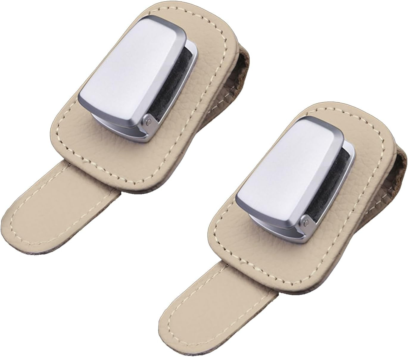 2 Pack Sunglass Holder for Car, Universal Car Visor Leather Sunglasses Holder Clip Eyeglasses Hanger and Ticket Card Clip for Car Visor Accessories (Beige)