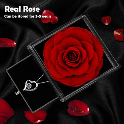 Forever Red Rose Gift Box with Necklace - Real Eternal Rose with 925 Sterling Silver Women Necklace Inside,Enchanted Real Rose Flower for Valentine'S Day Anniversary Wedding Romantic Gifts for Her.