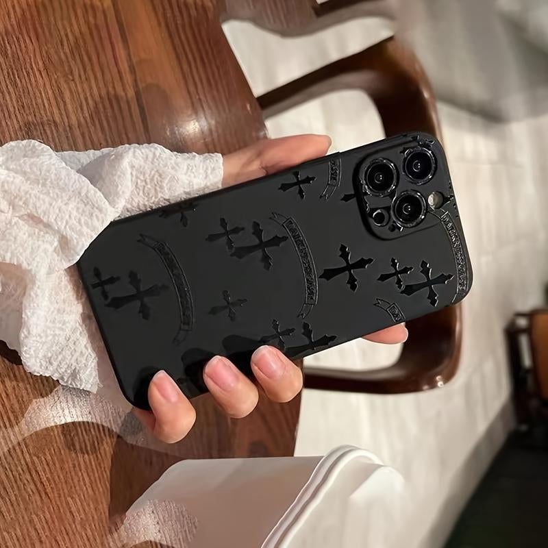 A Brand New Black Silicone Phone Case Designed with Straight Edges and a Cross Design, Suitable for Various Apple Phone Models, Including 11, 12, 13, Pro Max, 14 15, 16 PRO MAX plus Pattern