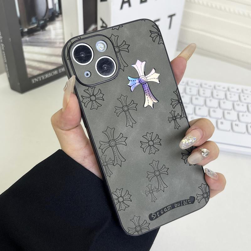 Cross Logo Leather Phone Case Compatible with Iphone 16/15/14/13 Pro Max, Iphone 15/14Plus Luxury Pure Plain Leather Ultra-Thin Business Phone Case 2024 6.1 Inches (Black)