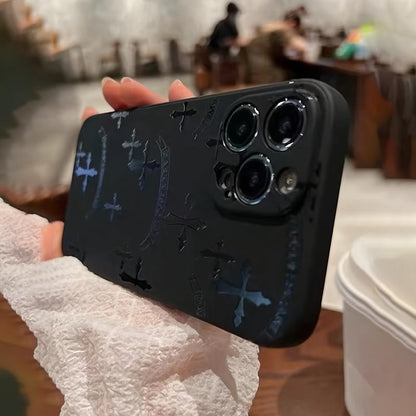 A Brand New Black Silicone Phone Case Designed with Straight Edges and a Cross Design, Suitable for Various Apple Phone Models, Including 11, 12, 13, Pro Max, 14 15, 16 PRO MAX plus Pattern
