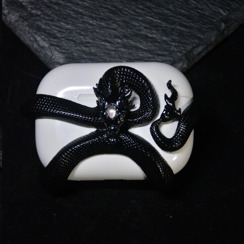 Black Dragon/Snake Earphone Case for Airpods Pro2/ Pro & Airpods 4 Case Cover, Gemstone Light-Up Head, Detail Sculpting, Anti-Drop Full Protection Case with Band, Gift for Boyfriend and Anime Lover