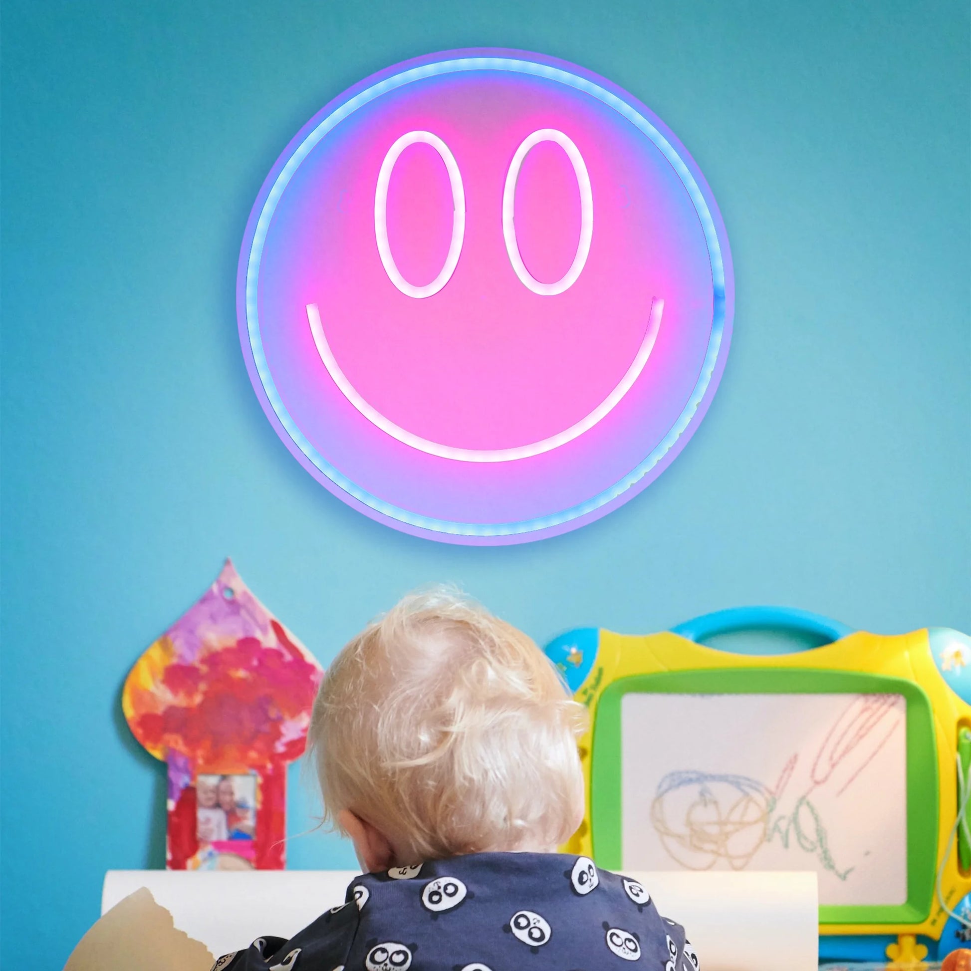Lit 13" X 13" Smiley Face LED Neon Sign, Plastic Hanging Wall Art