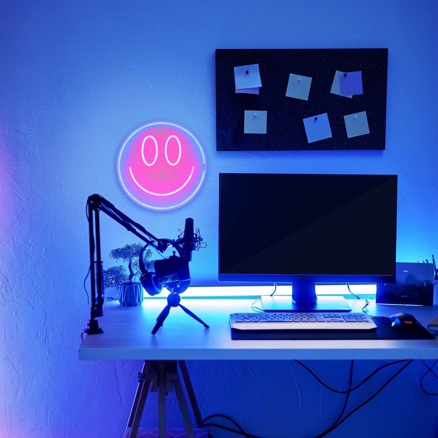 Lit 13" X 13" Smiley Face LED Neon Sign, Plastic Hanging Wall Art