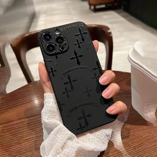 A Brand New Black Silicone Phone Case Designed with Straight Edges and a Cross Design, Suitable for Various Apple Phone Models, Including 11, 12, 13, Pro Max, 14 15, 16 PRO MAX plus Pattern