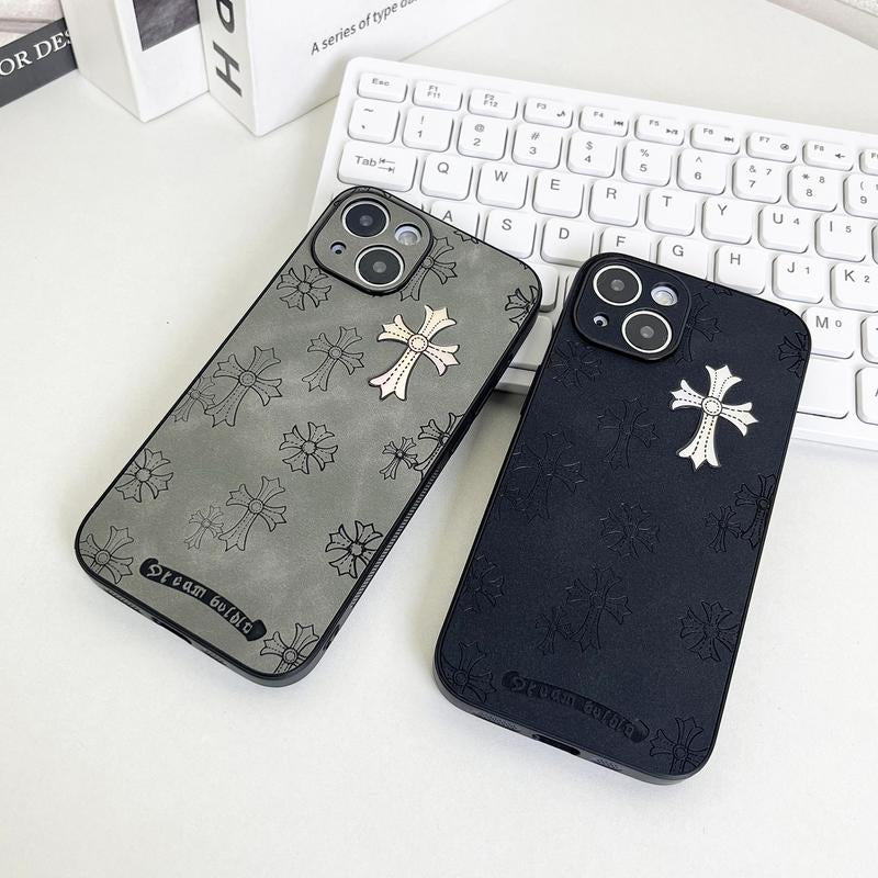Cross Logo Leather Phone Case Compatible with Iphone 16/15/14/13 Pro Max, Iphone 15/14Plus Luxury Pure Plain Leather Ultra-Thin Business Phone Case 2024 6.1 Inches (Black)