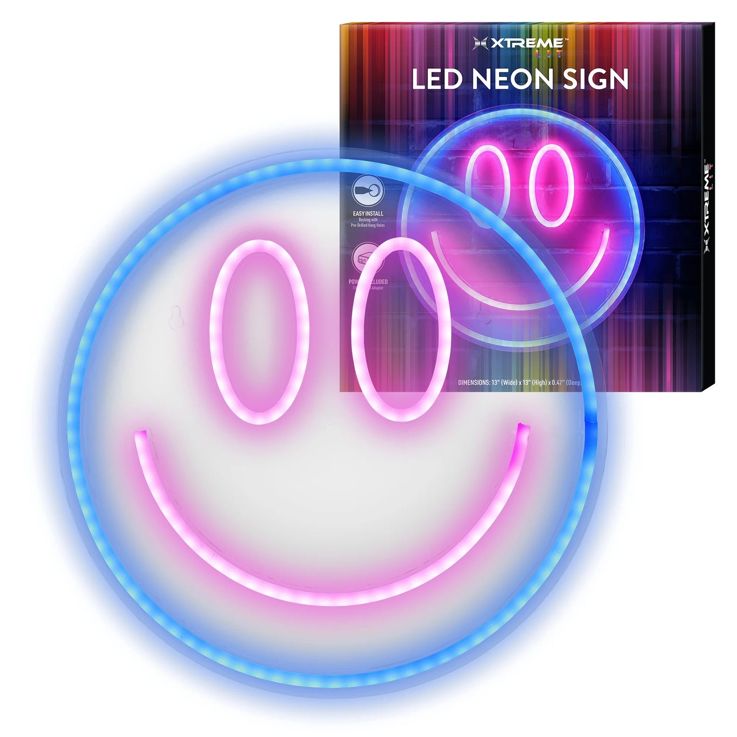 Lit 13" X 13" Smiley Face LED Neon Sign, Plastic Hanging Wall Art