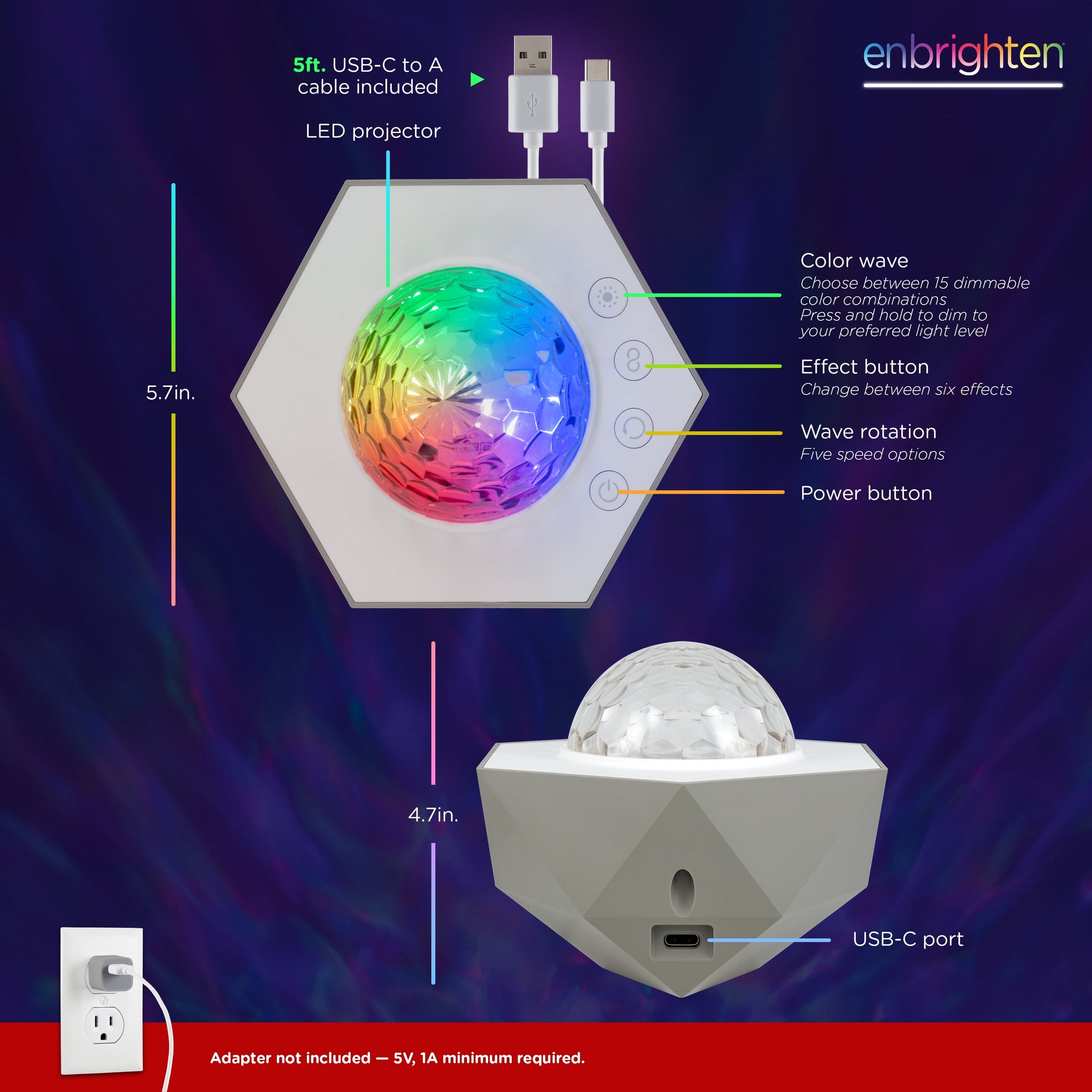 Color-Changing LED Galaxy Wave Projector, USB-C Powered, Night Light, 70333