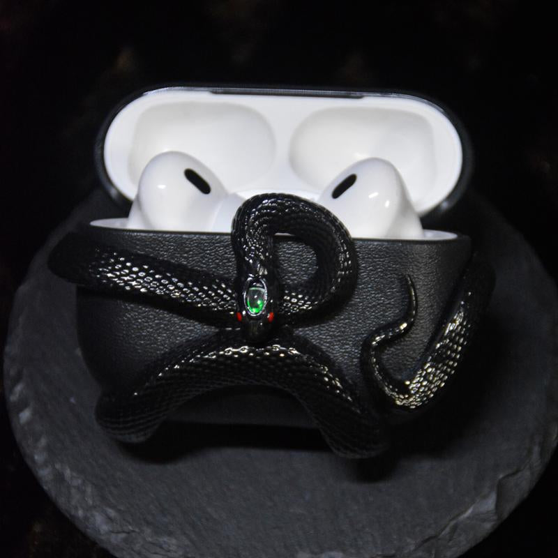 Black Dragon/Snake Earphone Case for Airpods Pro2/ Pro & Airpods 4 Case Cover, Gemstone Light-Up Head, Detail Sculpting, Anti-Drop Full Protection Case with Band, Gift for Boyfriend and Anime Lover