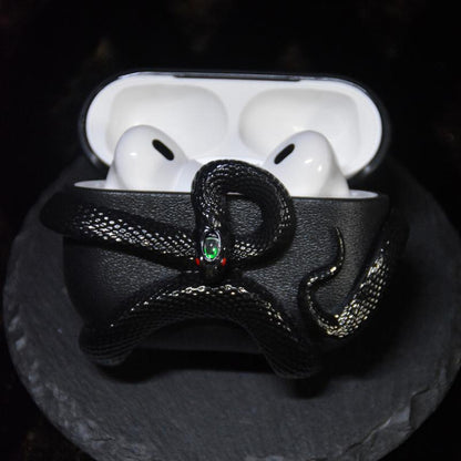 Black Dragon/Snake Earphone Case for Airpods Pro2/ Pro & Airpods 4 Case Cover, Gemstone Light-Up Head, Detail Sculpting, Anti-Drop Full Protection Case with Band, Gift for Boyfriend and Anime Lover