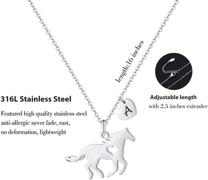 Horse Necklace for Girls - Dainty Pendant Heart 26 Initial Jewelry for Women, Kids, Horse Lovers
