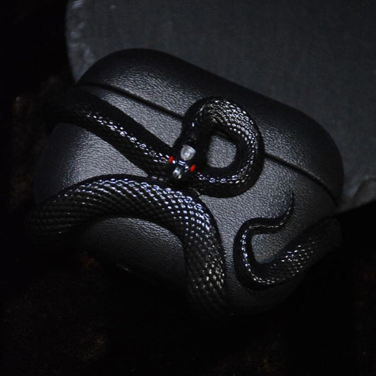 Black Dragon/Snake Earphone Case for Airpods Pro2/ Pro & Airpods 4 Case Cover, Gemstone Light-Up Head, Detail Sculpting, Anti-Drop Full Protection Case with Band, Gift for Boyfriend and Anime Lover