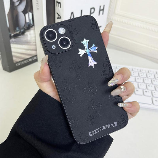 Cross Logo Leather Phone Case Compatible with Iphone 16/15/14/13 Pro Max, Iphone 15/14Plus Luxury Pure Plain Leather Ultra-Thin Business Phone Case 2024 6.1 Inches (Black)