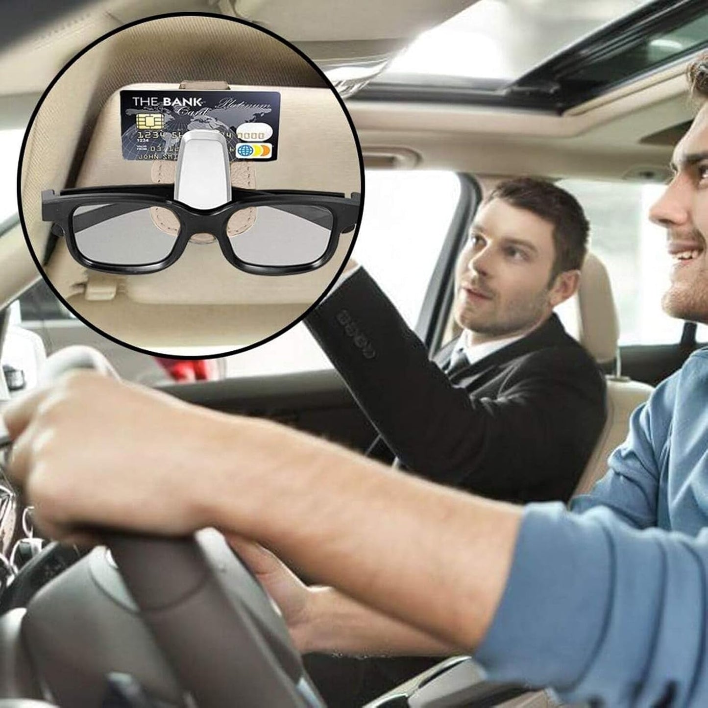 2 Pack Sunglass Holder for Car, Universal Car Visor Leather Sunglasses Holder Clip Eyeglasses Hanger and Ticket Card Clip for Car Visor Accessories (Beige)