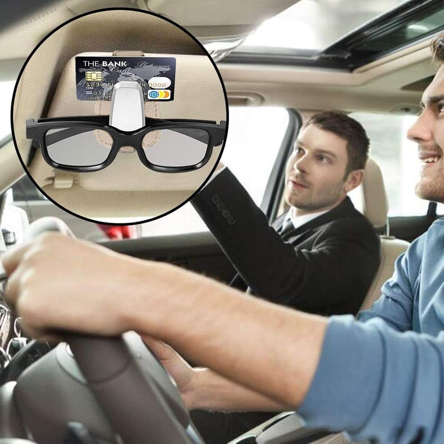2 Pack Sunglass Holder for Car, Universal Car Visor Leather Sunglasses Holder Clip Eyeglasses Hanger and Ticket Card Clip for Car Visor Accessories (Beige)