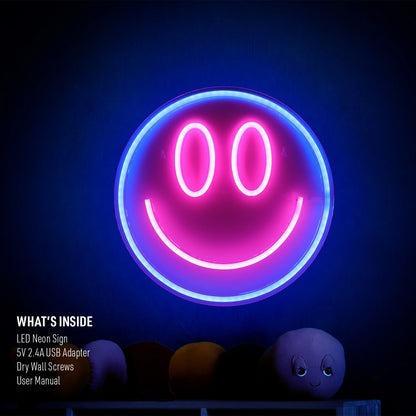 Lit 13" X 13" Smiley Face LED Neon Sign, Plastic Hanging Wall Art