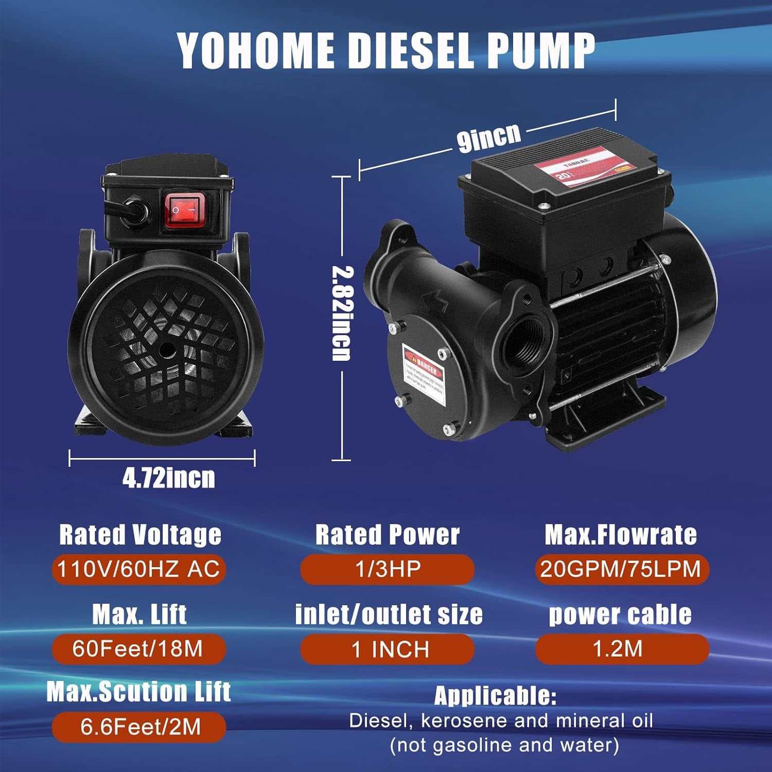 Diesel Transfer Pump 20GPM 80L/Min AC 110V Fuel & Oil Transfer Pump - Diesel, Kerosene, Biodiesel