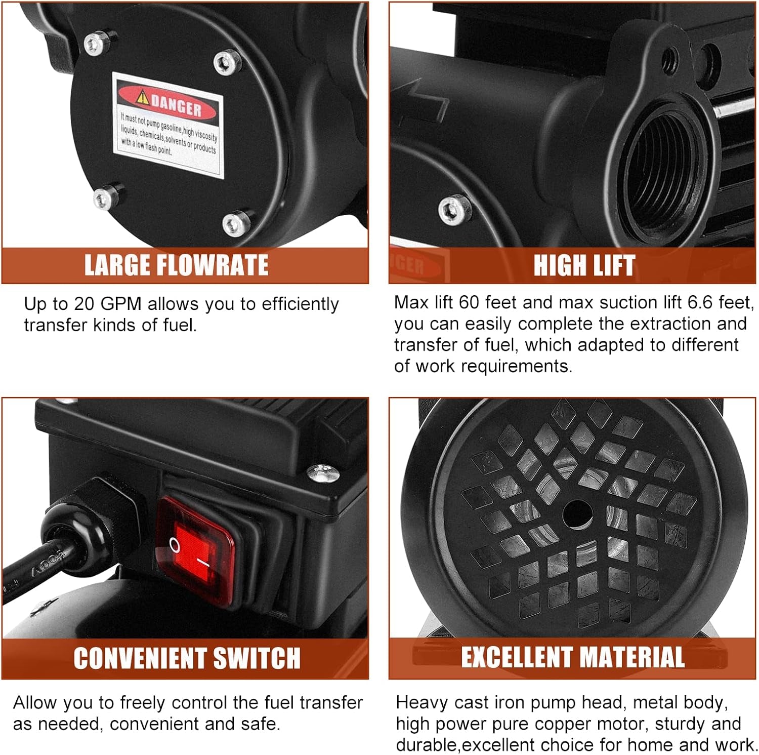 Diesel Transfer Pump 20GPM 80L/Min AC 110V Fuel & Oil Transfer Pump - Diesel, Kerosene, Biodiesel
