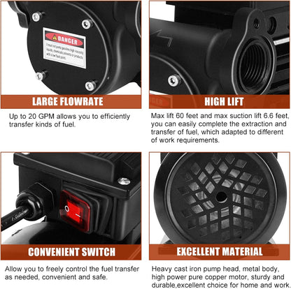 Diesel Transfer Pump 20GPM 80L/Min AC 110V Fuel & Oil Transfer Pump - Diesel, Kerosene, Biodiesel