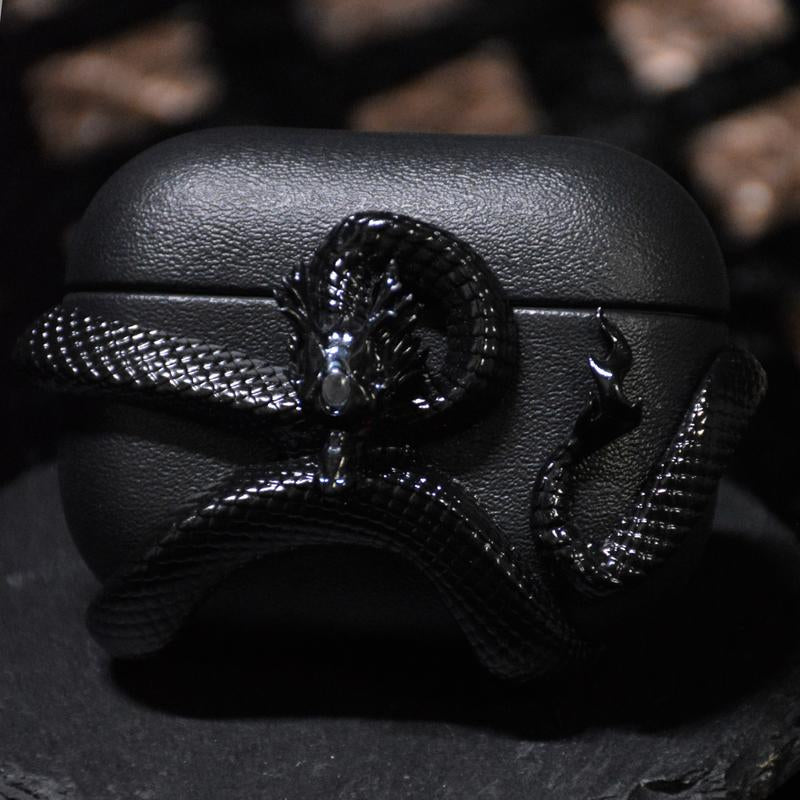 Black Dragon/Snake Earphone Case for Airpods Pro2/ Pro & Airpods 4 Case Cover, Gemstone Light-Up Head, Detail Sculpting, Anti-Drop Full Protection Case with Band, Gift for Boyfriend and Anime Lover
