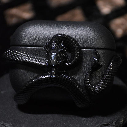 Black Dragon/Snake Earphone Case for Airpods Pro2/ Pro & Airpods 4 Case Cover, Gemstone Light-Up Head, Detail Sculpting, Anti-Drop Full Protection Case with Band, Gift for Boyfriend and Anime Lover