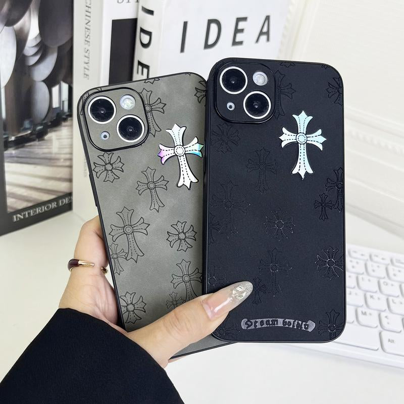 Cross Logo Leather Phone Case Compatible with Iphone 16/15/14/13 Pro Max, Iphone 15/14Plus Luxury Pure Plain Leather Ultra-Thin Business Phone Case 2024 6.1 Inches (Black)