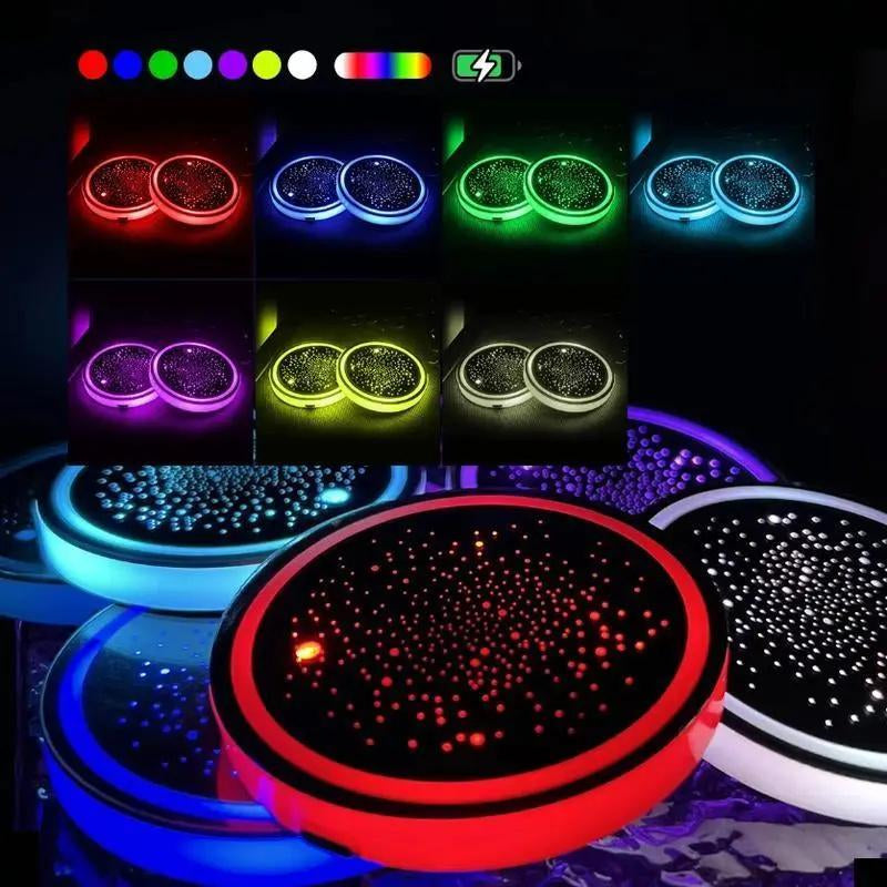 2 Pack LED Cup Holder Lights for Car, Rechargeable 7 Color-Changing Light up Cup Holder Insert Coasters, Car Accessories