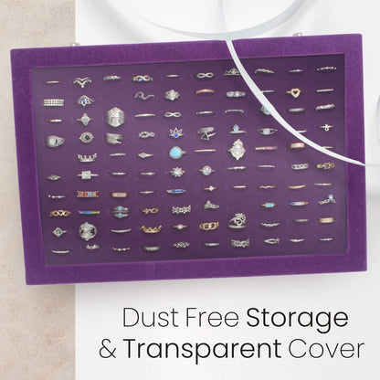 100 Slots Jewelry Ring Organizer Case, Ring Storage Tray for Multiple Rings with Clear Lid, Ring & Earring Holder Storage Box for Shows