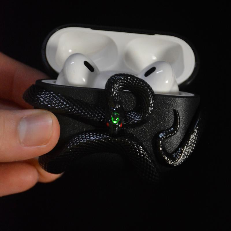 Black Dragon/Snake Earphone Case for Airpods Pro2/ Pro & Airpods 4 Case Cover, Gemstone Light-Up Head, Detail Sculpting, Anti-Drop Full Protection Case with Band, Gift for Boyfriend and Anime Lover