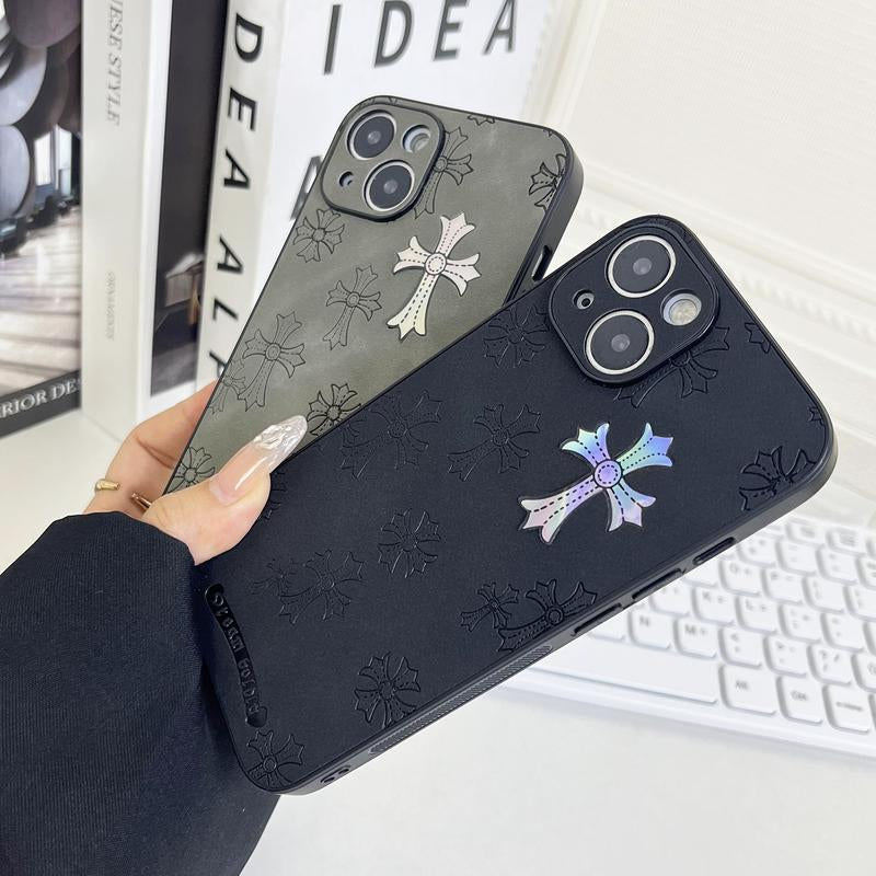Cross Logo Leather Phone Case Compatible with Iphone 16/15/14/13 Pro Max, Iphone 15/14Plus Luxury Pure Plain Leather Ultra-Thin Business Phone Case 2024 6.1 Inches (Black)