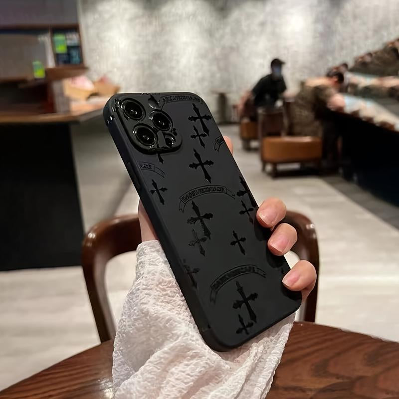 A Brand New Black Silicone Phone Case Designed with Straight Edges and a Cross Design, Suitable for Various Apple Phone Models, Including 11, 12, 13, Pro Max, 14 15, 16 PRO MAX plus Pattern