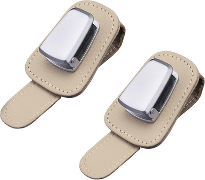 2 Pack Sunglass Holder for Car, Universal Car Visor Leather Sunglasses Holder Clip Eyeglasses Hanger and Ticket Card Clip for Car Visor Accessories (Beige)