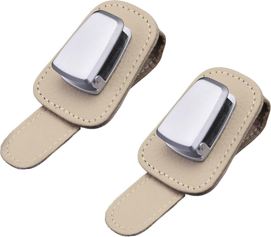 2 Pack Sunglass Holder for Car, Universal Car Visor Leather Sunglasses Holder Clip Eyeglasses Hanger and Ticket Card Clip for Car Visor Accessories (Beige)