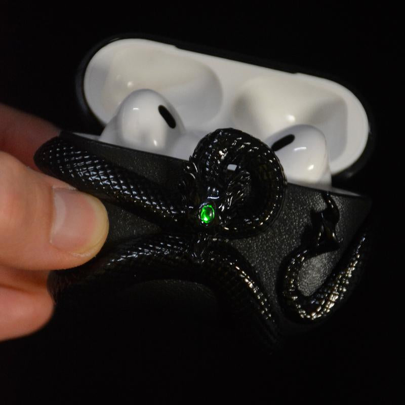 Black Dragon/Snake Earphone Case for Airpods Pro2/ Pro & Airpods 4 Case Cover, Gemstone Light-Up Head, Detail Sculpting, Anti-Drop Full Protection Case with Band, Gift for Boyfriend and Anime Lover