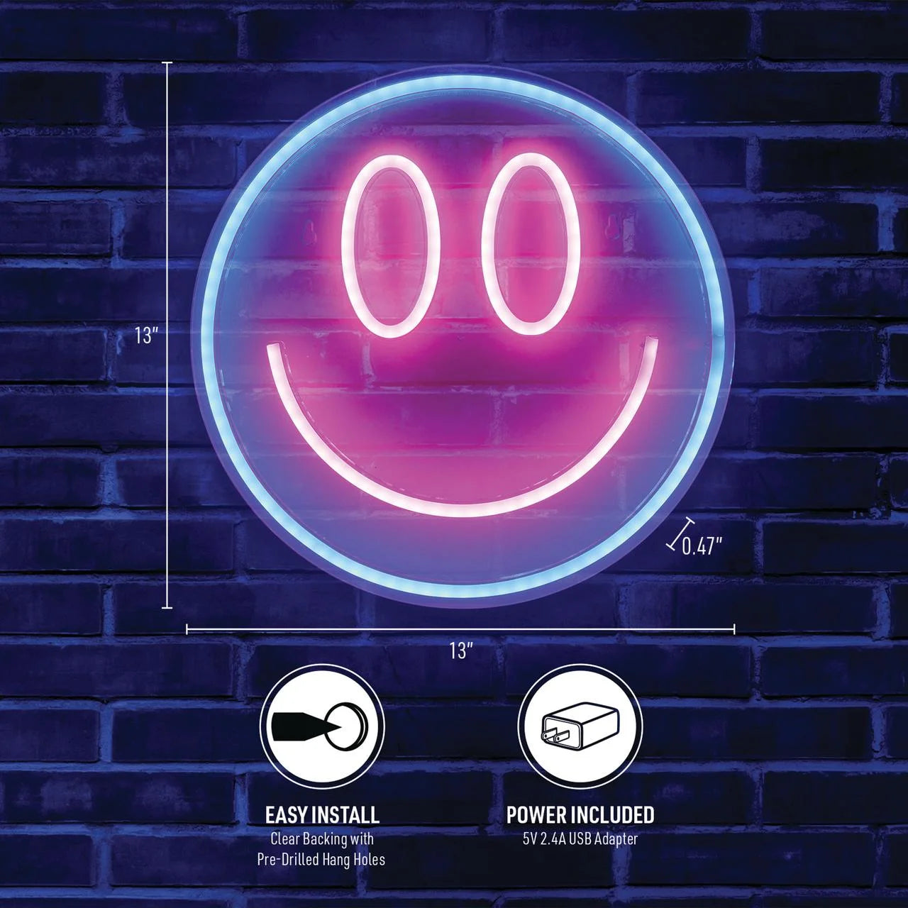 Lit 13" X 13" Smiley Face LED Neon Sign, Plastic Hanging Wall Art