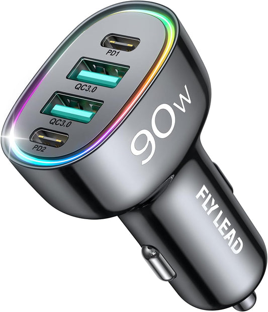 Car Charger USB C 90W 4-Port Car Phone Charger Compatible with Iphone 16/15/14/13/12 Pro Max plus [A Must for Family Travel] Super Fast Charging Cigarette Lighter Adapter Port